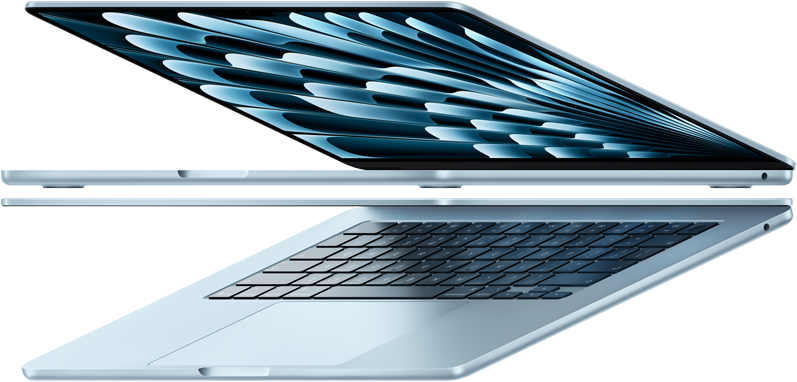 Zwei geöffnete MacBook Air Laptops in Farbe Himmelblau bilden einen Pfeil, um das dünne Profil zu betonen